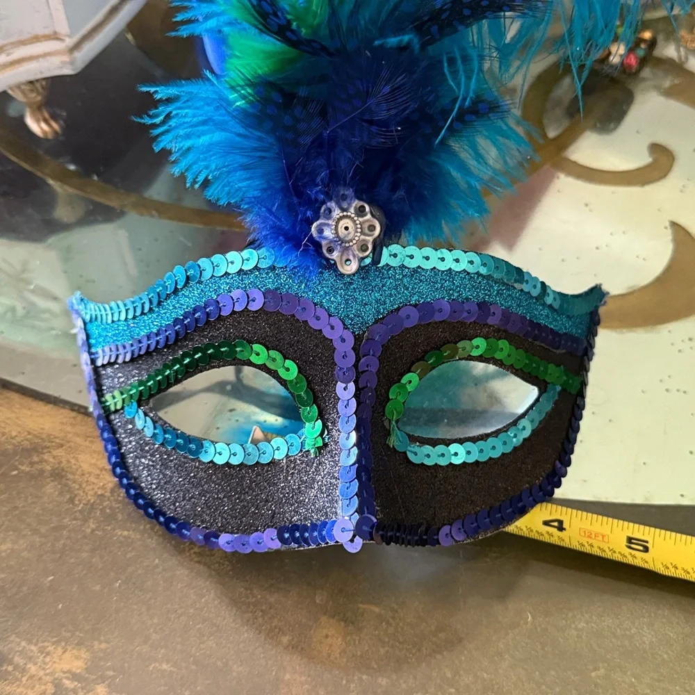 Colorful Feathered Masquerade Mask turquoise green cobalt blue sequined feathers